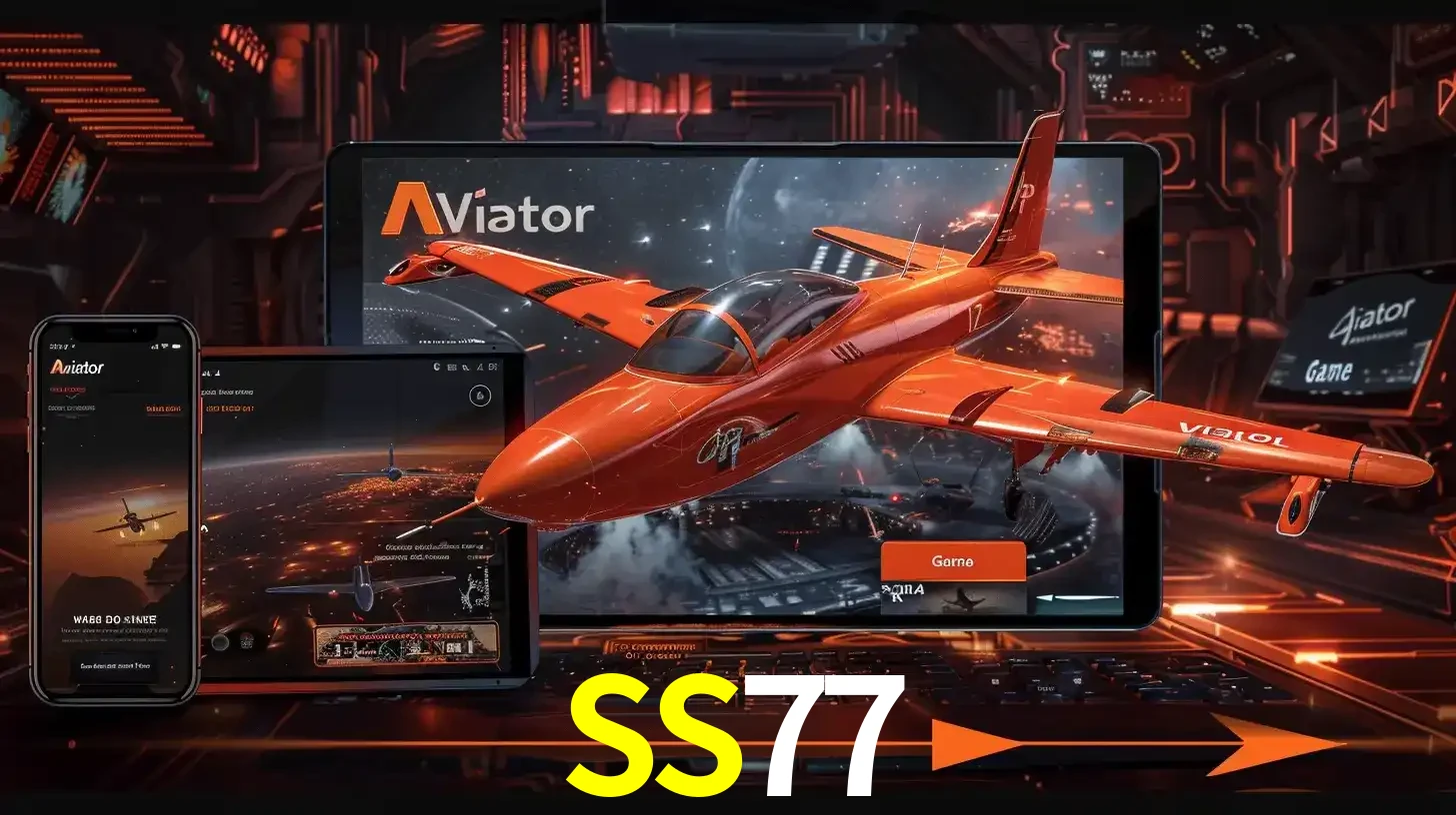 Apresentação tecnológica do jogo Aviator com um avião saindo da tela de um tablet, demonstrando a experiência imersiva em múltiplos dispositivos no SS77.