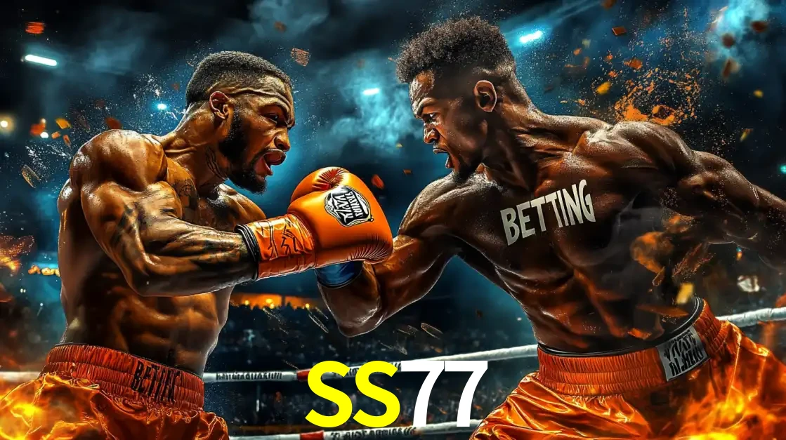 Dois boxeadores em uma luta intensa e explosiva, representando a adrenalina e as oportunidades de apostas em esportes de combate disponíveis na plataforma SS77.