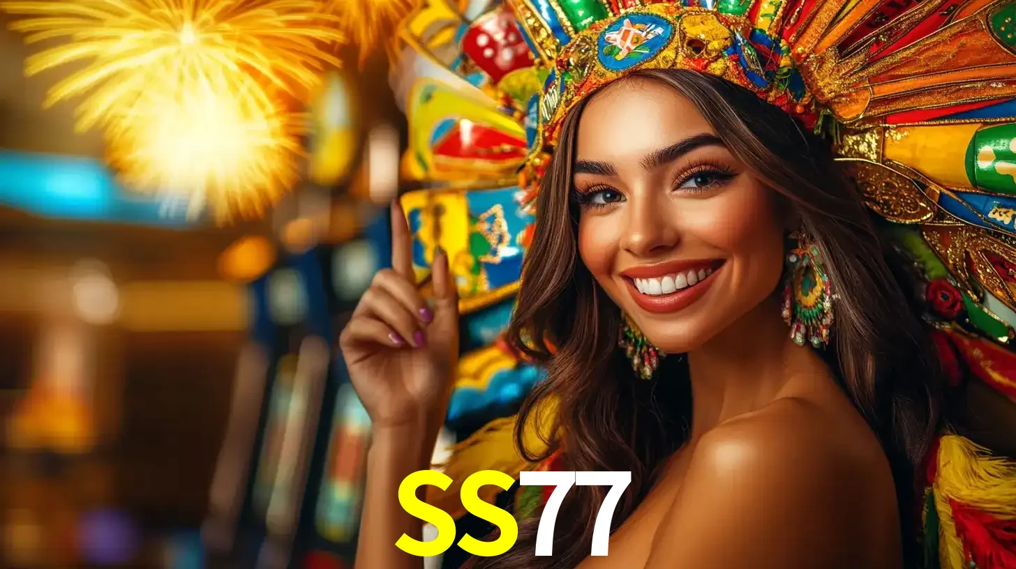 Mulher sorridente com um cocar de carnaval vibrante e colorido, celebrando uma grande vitória nos jogos do cassino SS77 com fogos de artifício ao fundo.