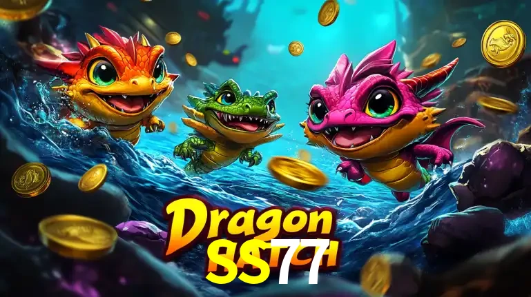 Arte promocional do jogo Dragon Hatch com três adoráveis dragões bebês nadando entre moedas de ouro, um dos slots mais divertidos para jogar no cassino SS77.