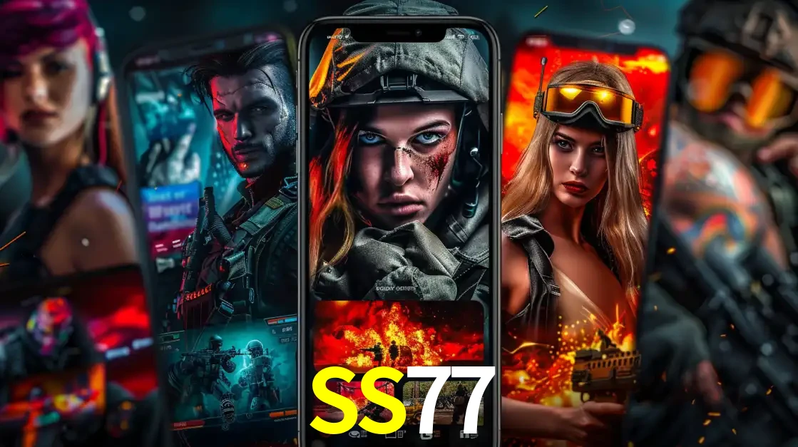 Montagem de telas de celular mostrando diversos personagens, masculinos e femininos, de um jogo de tiro, ilustrando a diversidade de equipes de e-sports para apostar no SS77.