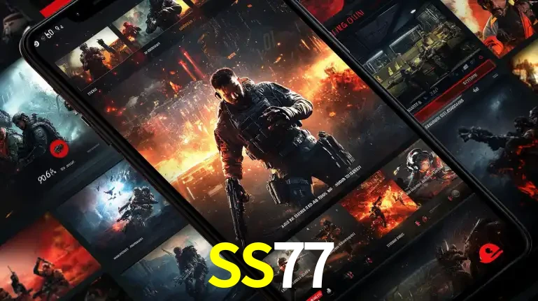 Tela de um celular exibindo uma galeria de jogos de tiro com temática militar, mostrando a variedade de e-sports disponíveis para apostas na plataforma de entretenimento SS77.