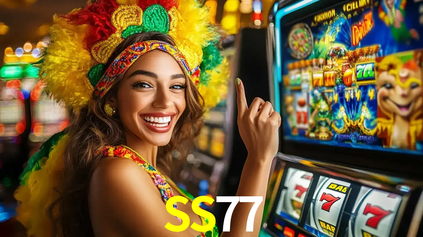 Mulher animada com um cocar de carnaval apontando para uma máquina de caça-níqueis, mostrando a emoção de ganhar um grande prêmio nos jogos do SS77.