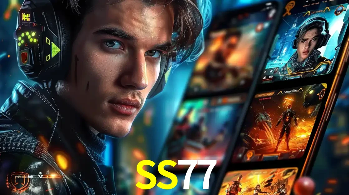 Jovem jogador com fones de ouvido olhando para a câmera, com um aplicativo de jogos e e-sports para celular ao fundo, pronto para a competição e apostas no SS77.