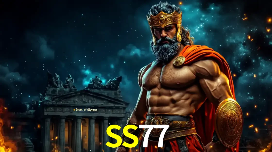 O poderoso Zeus do jogo de slot Gates of Olympus em frente ao seu templo, pronto para lançar multiplicadores divinos e prêmios épicos no cassino online SS77.