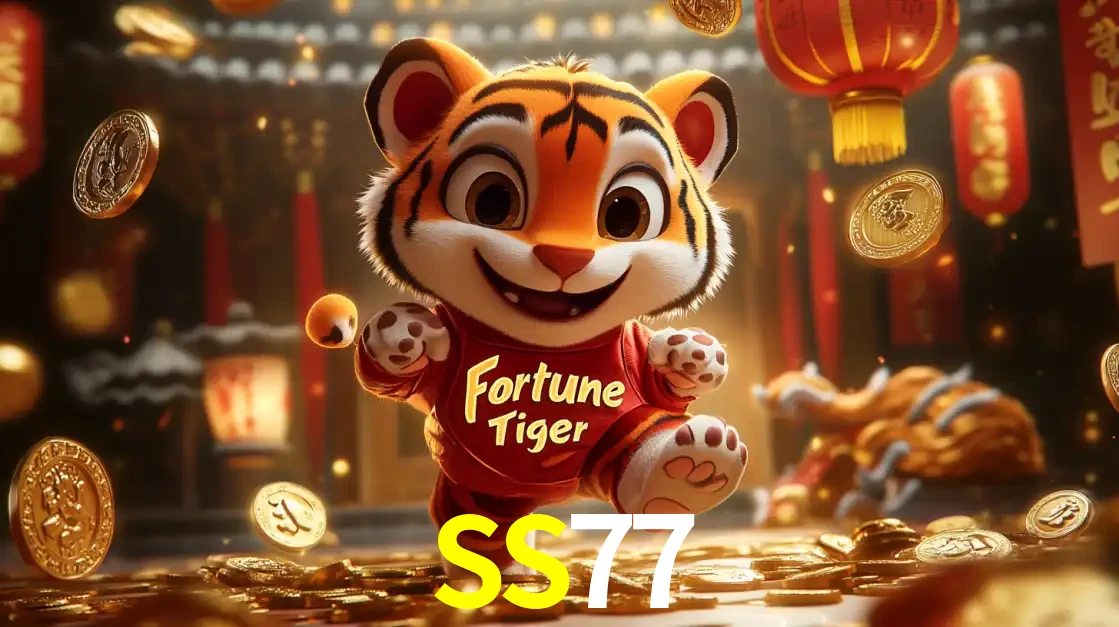 O alegre personagem do Fortune Tiger correndo sobre um caminho de moedas de ouro, simbolizando os grandes prêmios e a diversão do popular jogo de slot do SS77.