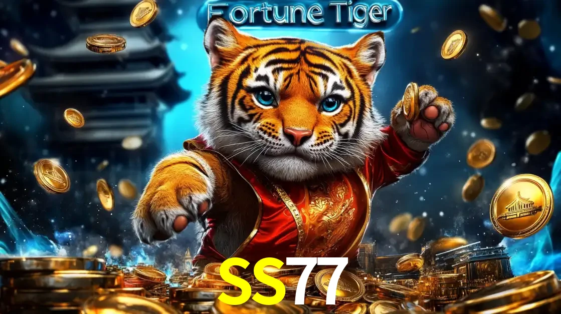 Imagem promocional do jogo de slot Fortune Tiger, com um tigre majestoso em traje tradicional cercado por uma fortuna em moedas de ouro, disponível agora no cassino SS77.