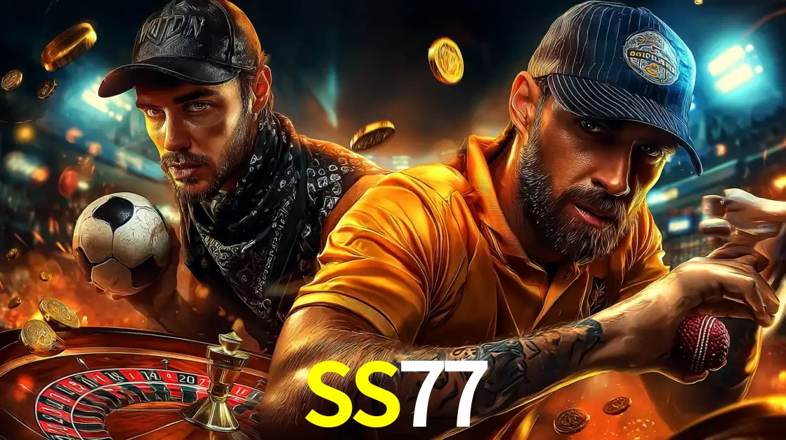 Montagem de apostas esportivas e cassino no SS77, com um homem segurando uma bola de futebol e outro uma de beisebol sobre uma roleta e moedas voadoras.