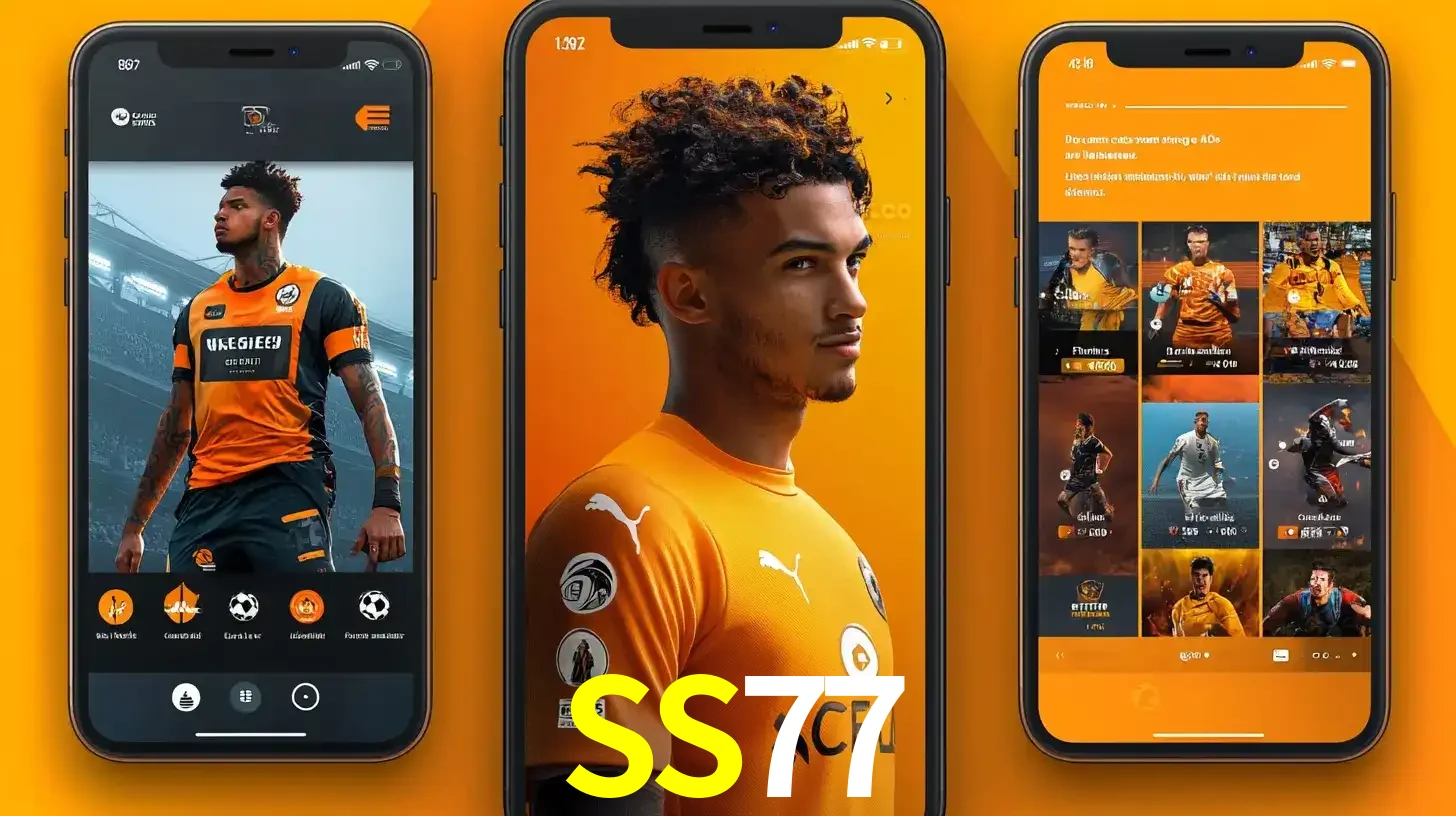 Interface do aplicativo de apostas esportivas SS77 em três telas de celular, mostrando o perfil de um jogador de futebol e a lista de jogos disponíveis para apostar.