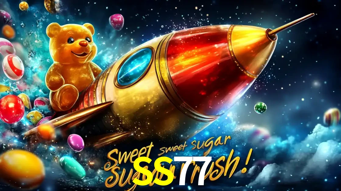 Arte promocional do jogo de slot Sugar Rush, com um urso de pelúcia em um foguete viajando pelo espaço de doces, um dos jogos divertidos disponíveis no cassino SS77.