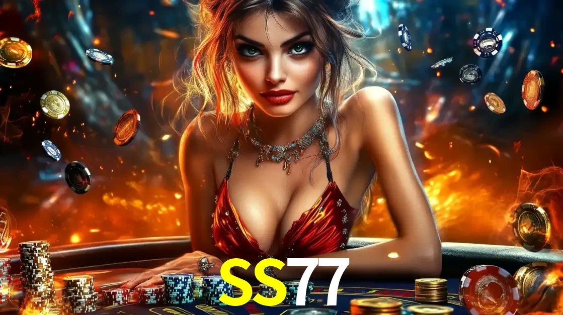 Mulher em uma mesa de cassino com pilhas de fichas e um fundo de fogo, pronta para uma rodada de altas apostas nos jogos de mesa emocionantes do cassino SS77.