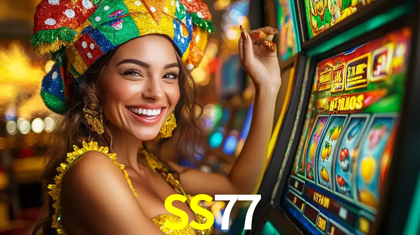 Mulher feliz com traje de carnaval amarelo e colorido ao lado de uma máquina de caça-níqueis, aproveitando a diversão e os jogos temáticos do cassino SS77.