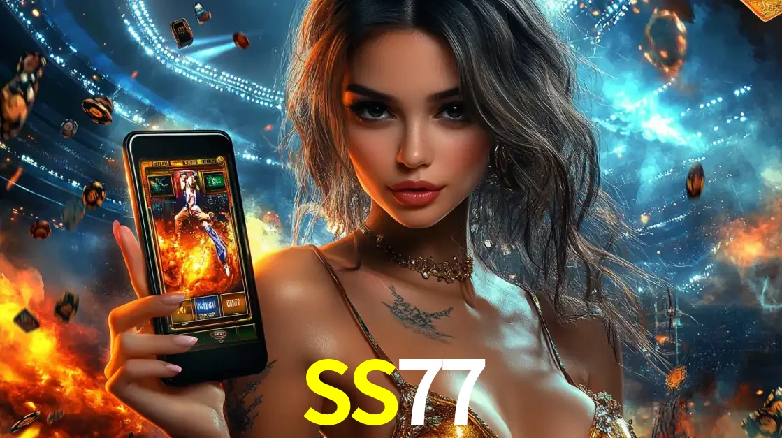 Mulher segurando um celular com um jogo de slot em destaque, tendo como fundo um estádio vibrante, simbolizando a emoção de jogar no cassino móvel SS77.