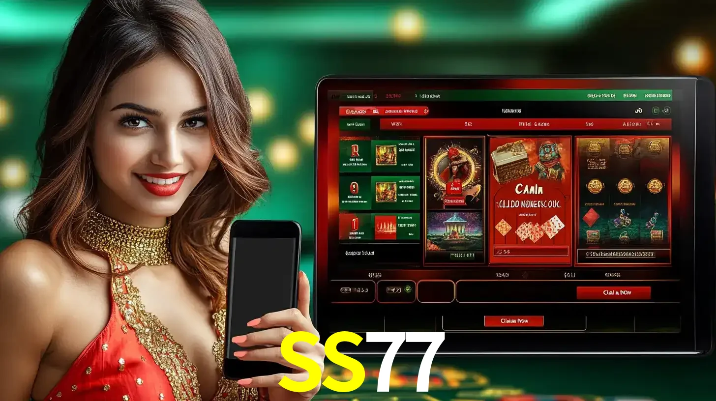 Mulher sorridente segurando um smartphone, ao lado de uma tela exibindo o lobby de jogos do cassino online SS77, com várias opções de jogos de cartas e slots.